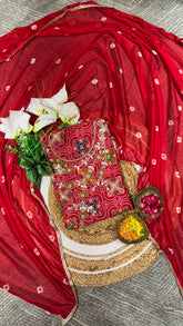Red Cotton Bandhani printed Unstitched suit For wedding